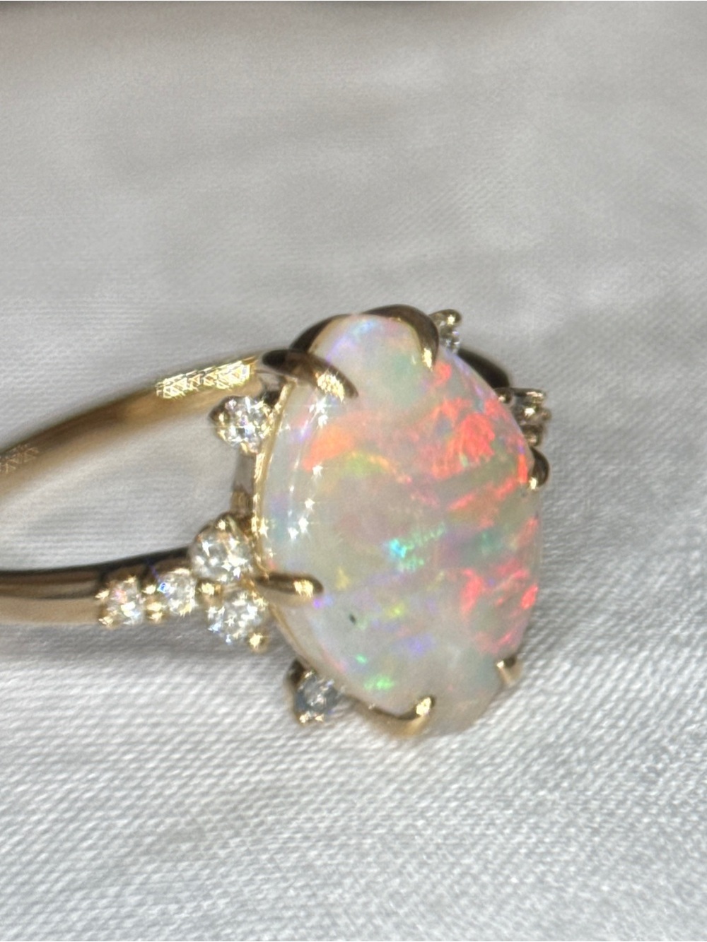 Australian Opal and Diamond Halo Ring in 14k Yellow Gold - Iridescent Opal - Picture 10 of 12